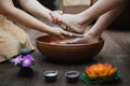 Young woman having her feet scrubbed in beauty salon, Female feet at spa pedicure procedure, Spa foot massage, Massage of woman`s