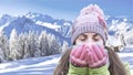 Young woman having a hot drink wearing gloves and a woolen cap in the snowed mountain. Empty copy space