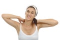 Young woman having neck pain on white background Royalty Free Stock Photo