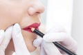 Young woman having permanent makeup on her lips at the beauticians salon. Royalty Free Stock Photo