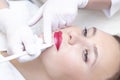 Young woman having permanent makeup on her lips in a cosmetologists salon. Royalty Free Stock Photo