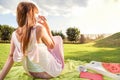 Young woman having picknic in park Royalty Free Stock Photo