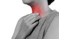 Young woman having sore throat and touching his neck, hand at his neck, feeling unwell, hard to swallow