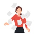 Young woman with headache stress symptom with pile documents Royalty Free Stock Photo