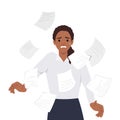 Young woman with headache stress symptom with pile documents and paperworks fly around her. Stressed worker