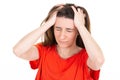 Young woman headache and stressed hands on head Royalty Free Stock Photo