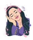 Young woman in headphones enjoys music. Good mood concept. cartoon vector illustration