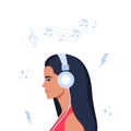 Young woman with headphones listening to music. Concept of relaxation, good mood, rest. Vector illustration