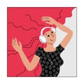 Young woman with headphones listening to music and dancing. Hand drawn social media avatar user icon. Character concept illustrati Royalty Free Stock Photo