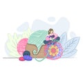 young woman in headphones and a trendy crochet top is crocheting a granny square. Concept vector illustration