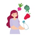 Young woman with healthy food vegetables and milk bottle isolated design Royalty Free Stock Photo
