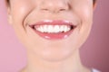 Young woman with healthy teeth and beautiful smile on color background Royalty Free Stock Photo