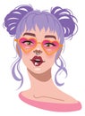 young woman with heart shaped glasses and purple hair