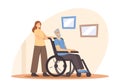 Young Woman Help to Old Disabled Man at Home or Nursing House. Social Worker Care of Sick Senior Driving on Wheelchair Royalty Free Stock Photo
