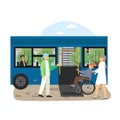 Young woman helping disabled man in wheel chair to board city bus using wheelchair access ramp, flat vector illustration Royalty Free Stock Photo