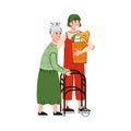 Young woman helping to elderly lady flat vector illustration isolated. Royalty Free Stock Photo