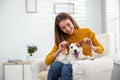 Young woman with cute Jack Russell Terrier in armchair at home. Lovely pet