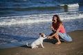 Young woman and her cute small jack russell terrier playing at the beach with a tennis ball. Summer and holidays concept Royalty Free Stock Photo