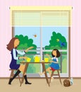 Young woman and her daughter have a breakfast.