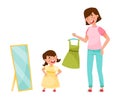 Young Woman and Her Daughter Standing in Front of Mirror Dressing Vector Illustration