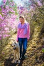 Young woman and her gray dog stand on a path among flowering plants on sunny day. Blonde and her four-legged friend walking Royalty Free Stock Photo