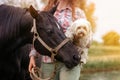 Young woman with her horse and her little dog Royalty Free Stock Photo