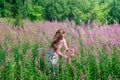 Young woman herbalist gathers fireweed in a basket Royalty Free Stock Photo