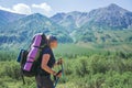 Young woman hiker with backpack and trekking poles on a sunny day on mountain trail Royalty Free Stock Photo