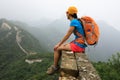 Woman hiker enjoy the view on great wall Royalty Free Stock Photo