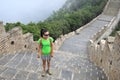 Woman hiker hiking on great wall Royalty Free Stock Photo