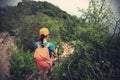 Woman hiker hiking on great wall Royalty Free Stock Photo