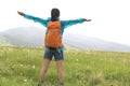 Young woman hiker open arms outdoor Royalty Free Stock Photo