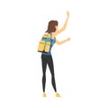 Young Woman with Hiking Backpack Standing on the Road Hitchhiking Vector Illustration