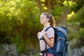 Young woman hiking in countryside. Backpacking hike Royalty Free Stock Photo