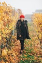 Young woman hiking in Lavaux vineyards in autumn Royalty Free Stock Photo