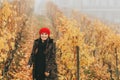 Young woman hiking in Lavaux vineyards in autumn Royalty Free Stock Photo