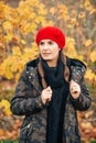 Young woman hiking in Lavaux vineyards in autumn Royalty Free Stock Photo