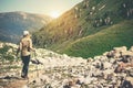 Young Woman hiking with trekking poles Travel Lifestyle concept Royalty Free Stock Photo