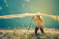 Young Woman hiking with trekking poles Travel Lifestyle concept Royalty Free Stock Photo