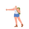 Young woman hitchhiker character standing and waving hand trying to stop car for traveling