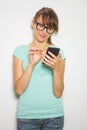 Young woman hold digital calculator. Female smiling model isolated white background Royalty Free Stock Photo