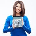 Young woman hold digital calculator. Female smiling model white Royalty Free Stock Photo