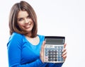 Young woman hold digital calculator. Female smilin Royalty Free Stock Photo