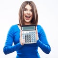 Young woman hold digital calculator. Female smiling model white Royalty Free Stock Photo