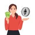 Young woman hold Etherium coin sign in hand and dollar money. Person with etherium, crypto currency coin. Flat vector illustration