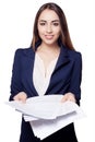 Young woman hold pages of paper. Paperworker Royalty Free Stock Photo