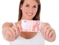 Young woman holding 10 euro