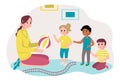 Woman playing with kids in kindergarten. Flat design illustration. Vector