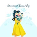 Young woman is holding a beautiful bouquet of flowers. International Women s Day. Vector illustration