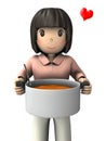 A young woman holding a big pot. She is a smiling Japanese. She is good at cooking. 3D rendering.